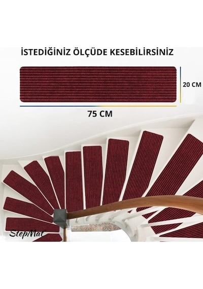 Kare Kaymaz Tabanlı Ve Yıkanabilir Merdiven Basamak Halısı - Bordo / Adet Olarak Satılır Null