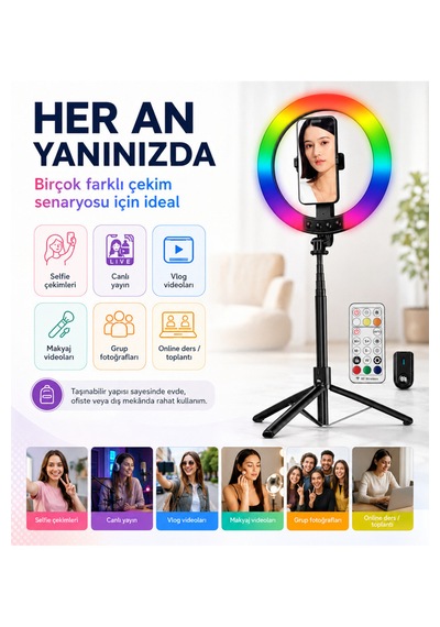 1,9 Metre Rgb Halka Işık Selfie Çubuğu Ve Tripod, 32 Renkli Led Ring Light, Bluetooth