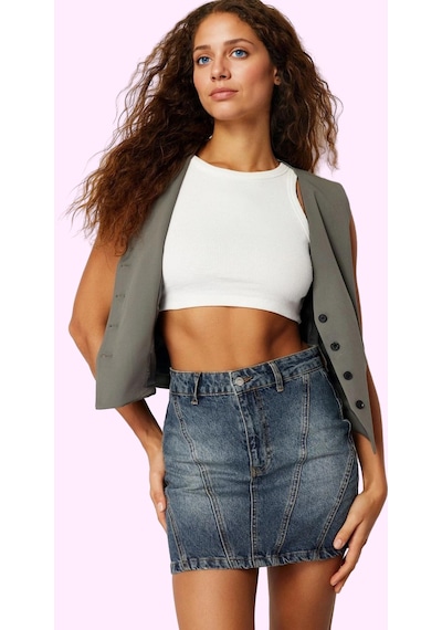 Ersefa Kadın Pamuk Denim Mini Etek Yüksek Bel Soluk Efekt Günlük Kombinl Koyu Mavi