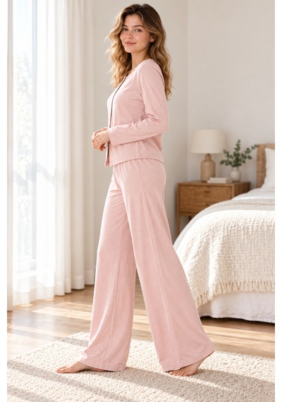 Lılac Kadın %100 Pamuk Pudra Pembe Uzun Kollu Cepsiz Pijama Takımı Pembe Pembe