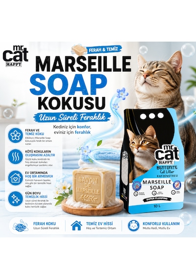 Mr.cat Happy Marseille Soap Kokulu Bentonit Kedi Kumu 10 Lt X 2 Adet Toplam 20 Lt Güçlü Topaklanan %99,5 Tozsuz