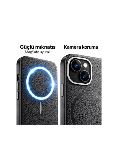 Apple İphone 13 Uyumlu Magsafe Özellikli Deri Kılıf Kamera Korumalı + Temperli Kırılmaz Cam Ekran Koruyucu Siyah