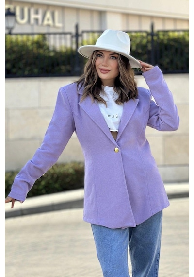 Kadın Lila Astarlı, Tek Düğme, Vucüda Oturan Kalıp, Fitilli Kaşe Kumaş Blazer Ceket Lila