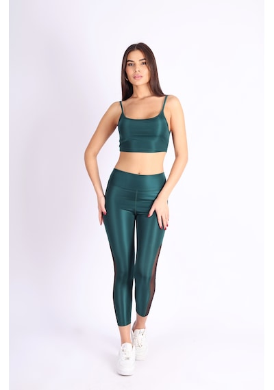 Soft&Basic Kadın Tayt Takım Polyester Paçası Tül Detaylı Yüksek Bel Tayt Ve Bralet Yeşil