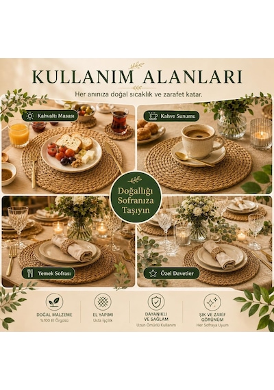 Tr Hasır Supla 6'li Set - 32 Cm Yuvarlak Amerikan Servis - Doğal Hasır Görünümlü El Örgüsü Supla Takımı - Ru Diğer