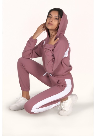 Makentmoda Kadın Rose Şardonlu Kumaş Şerritli Eşofman Takımı Gülkurusu