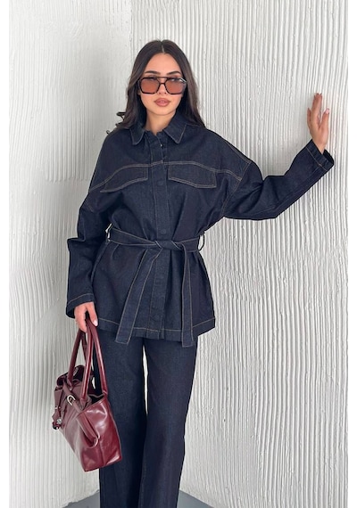 Kadın Kuşaklı Denim Pantolon & Ceket Takımı Modern & Güçlü Siluet Lacivert