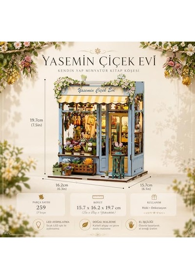 Yasemin Çiçek Evi Book Nook Dıy Kit Ahşap Minyatür Kitap Köşesi Dekoru, Led Işıklı Kendin Yap Hobi Seti