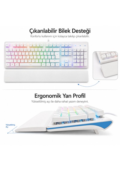 Türkçe Q Mekanik Gaming Klavye Kablolu Usb Rainbow Led Aydınlatmalı Bilek Destekli Full Size Beyaz