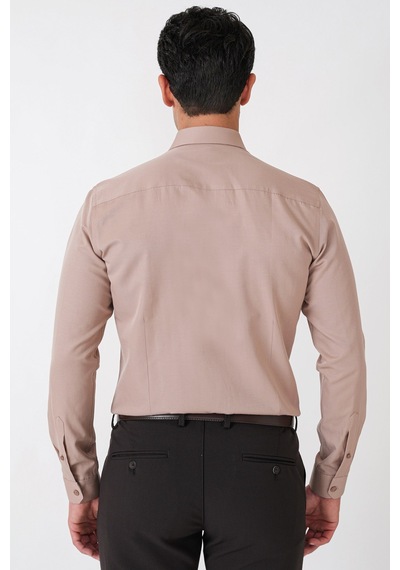 Slim Fit Pamuk Saten Klasik Bej Gömlek Gk 604