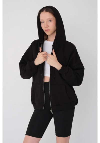 Mellorenzo 3 İplik Şardonlu Fermuarlı Kapüşonlu Sweatshirt Siyah Siyah