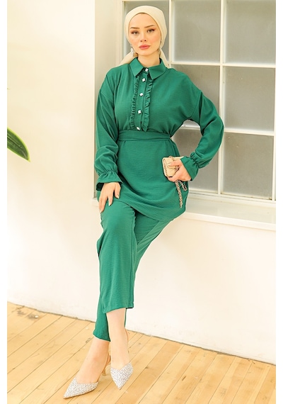 Bestenur Fırfır Yaka Tunik Pantolon İkili Takım 930 - Yeşil