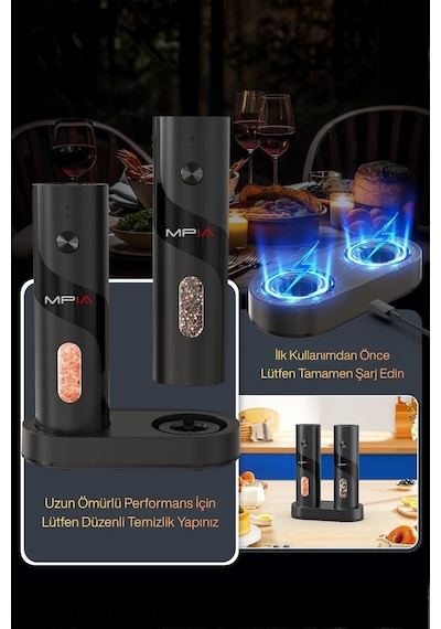 Mpıa Şarjlı Baharat Öğütücü 2 Li 110 Ml Led Paslanmaz Çelik Bıçak Tuz Karabiber Öğütücü Çok Renkli