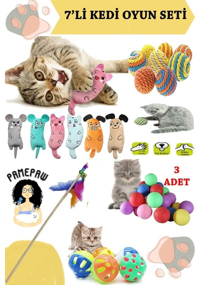 7'li Set : Kedi Nanesi Kokulu Peluş Oyuncak , Sarma Top , Olta , 3'lü Mini Top , Çıngıraklı Top