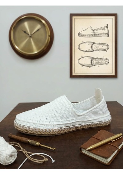 Orifkozmo %100 El Yapımı El Örgüsü Erkek Espadril & Hafif Casual Yazlık Ayakkabı Beyaz