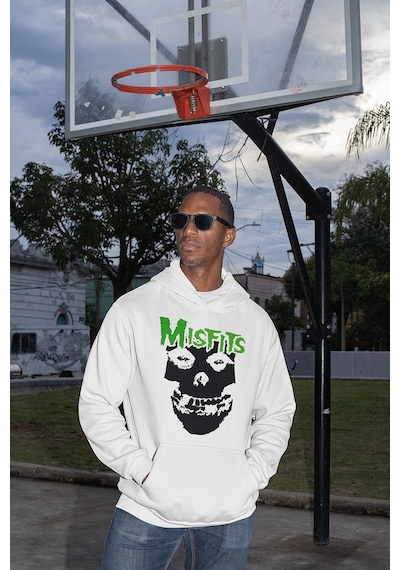 Sevbano Tasarım Misfits Baskılı Unisex Oversize Müzik Grubu Hoodie Beyaz