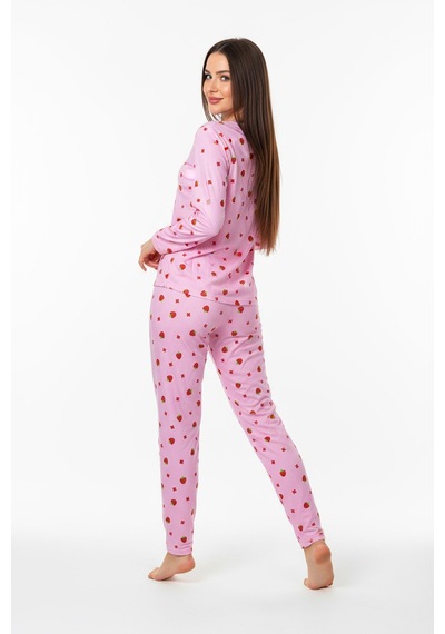 Bisiklet Yaka Süet Pijama Takımı 6001 Çilekli Pembe