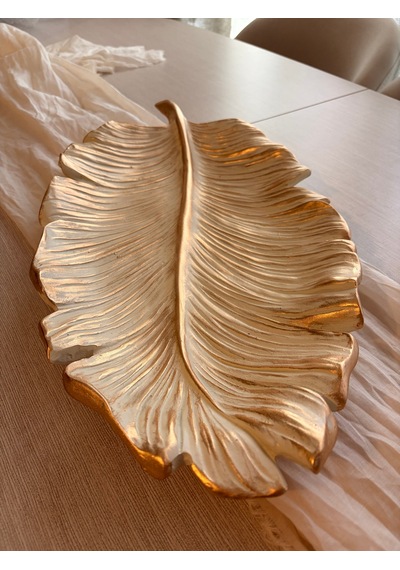 Büyük Yaprak Dekoratif Tabak / Sunumluk Krem & Eskitme Altın Varaklı 35x20 Cm