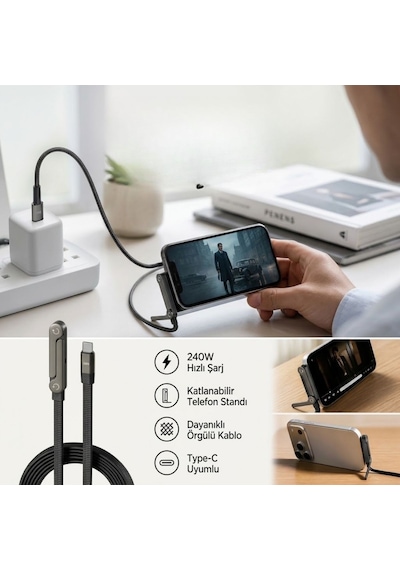 240w Hızlı Şarj Destekli Katlanabilir Telefon Standlı Örgülü Type-c To Type-c Şarj Kablosu 5286