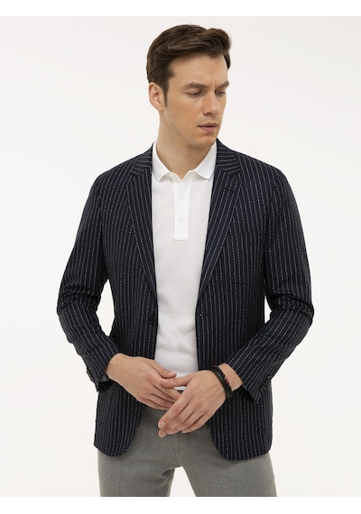 Cacharel Lacivert Slim Fit Keten Karışımlı Çizgili Ceket