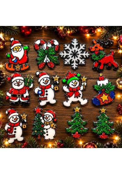 12 Adet Farklı Model Jel Sticker Yılbaşı Süsleri Yılbaşı Hediyeleri Leke Yapmaz Cam Vitrin Yapıştır