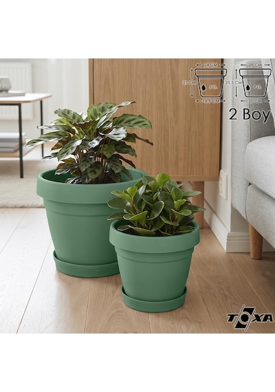 Tabaklı Delikli Plastik Çiçek Saksısı, 9 Ve 5.5 Lt 2 Boy, Yeşil Diğer