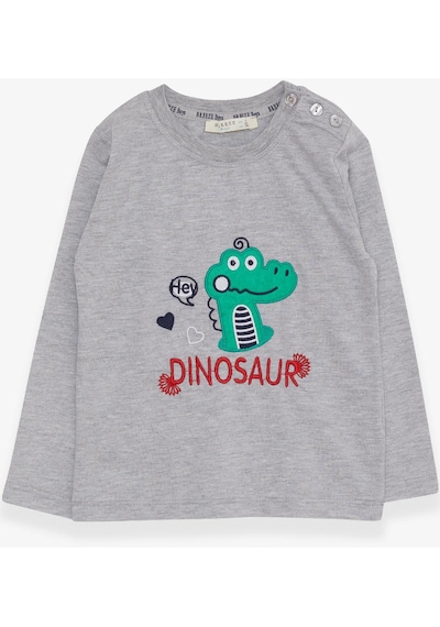 Breeze Erkek Bebek Uzun Kollu Tişört Dinozor Nakışlı 9 Ay-3 Yaş, Gri Melanj Gri Melanj