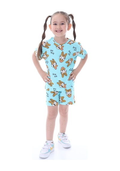 %100 Pamuk Interlok Kumaş Kısa Kollu Şortlu Kız Çocuk Pijama Takımı 3,4,5,6,7,8 Yaş Turkuaz