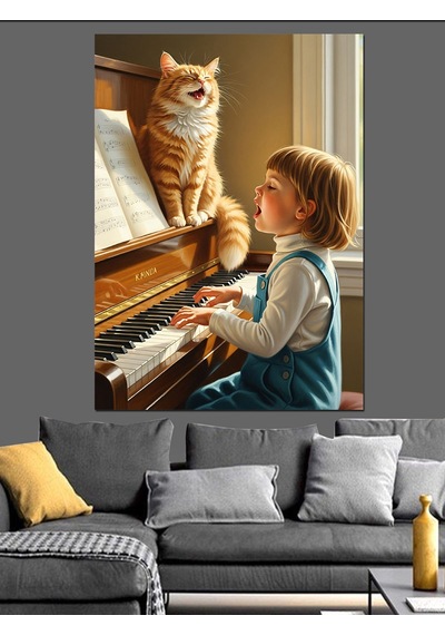 Ahşap Tablo Kedi Ve Piyano Çalan Çocuk