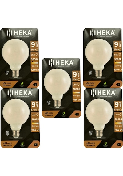 5 Adet Heka 9w 67w 3000k Sarı Işık E27 Duylu Kalın Duy Led Glop G95 Ampul Heka