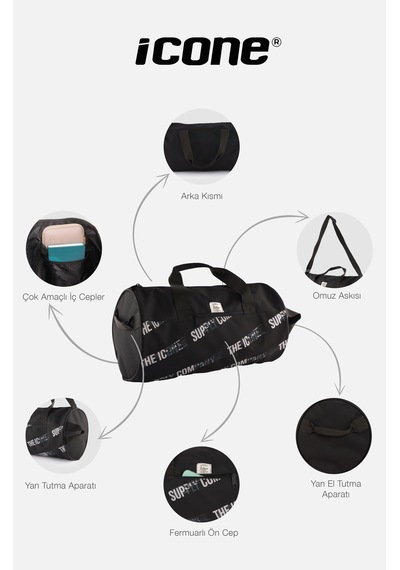 İcone Bag Unisex Spor Çanta Silindir Model, Baskılı, Ön Ve İç Cepli, Yan Saplı, Ayarlanabilir Omuz Askılı Siyah