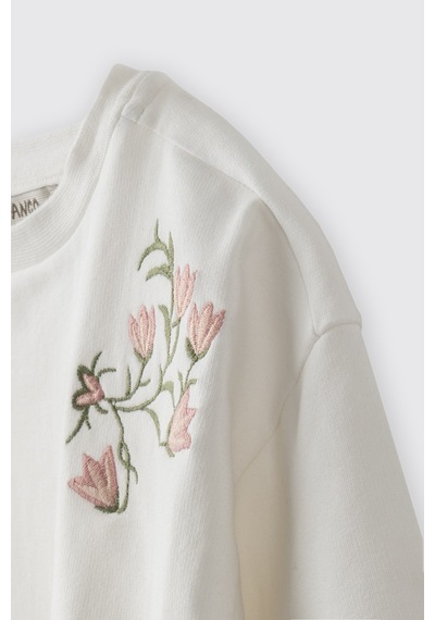 Panço Kız Bebek Nakış Detaylı Yumuşak Dokulu Ekru Sweatshirt Krem
