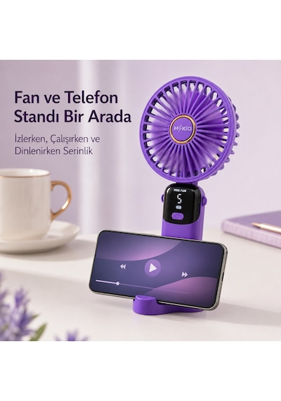 Mkio Şarjlı El Vantilatörü 5 Kademeli, Katlanabilir Dijital Ekranlı Mini El Fanı, 1200 Mah, 5 Pervaneli Güçlü Hava Akışı, Standlı Masaüstü Fan, Usb Şarjlı - Mor Renk