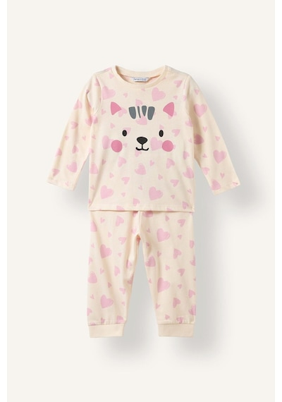 Defacto %100 Pamuk Hayvan Figürlü Ve Kalp Desenli Uzun Kol Üst Lastikli Paça Alt 2li Pijama Takımı Kız Bebek I3903a526auer105 Ekru-er105
