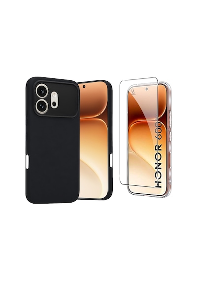 Honor 600 İle  Kılıf Esnek Premium Telefon Kılıfı Ve Temperli Cam Ekran Koruyucu Siyah