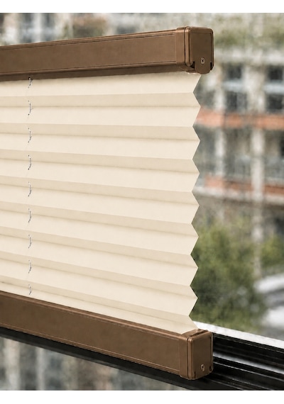 Plise Perde Krem Kumaş + Bronz Profil Kasa Cam Balkon Perdesi