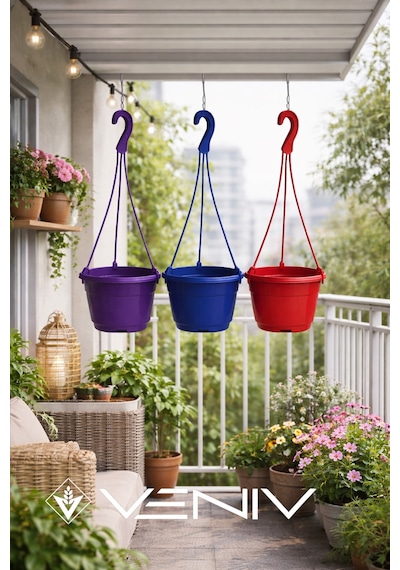 3 Adet Askılı Dekoratif Saksı - Askılar Dahil- 18 Cm X 12 Cm