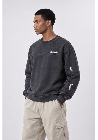 Respire Erkek About Baskılı Yıkamalı Oversize Sweatshirt Siyah