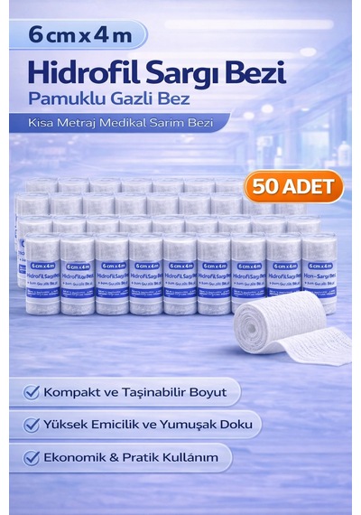 6 Cm X 4 M Hidrofil Sargı Bezi Pamuklu Gazlı Bez Kısa Metraj Medikal Sarım Bezi 50 Adet