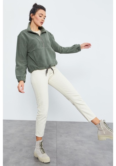 Tommy Life Çağla Yarım Fermuar Etek Ucu Büzgülü Kadın Polar Oversize Sweatshirt - 97171 Çağla