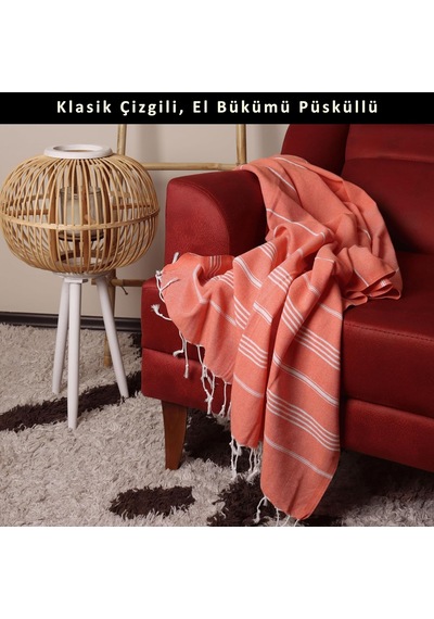Püskül İnce Plaj Havlusu, Klasik Çizgili Peştemal Banyo Havlusu Turuncu, Paket'te 1-adet 100x180 Cm Peştemal