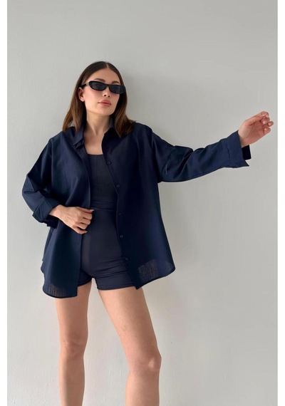 Rouge Basıc Oversize Keten Dokulu %100 Pamuk Salaş Gömlek Lacivert