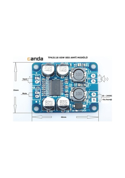 Tpa3118 Ses Amfi Modülü 60W Dc 8-24V Mono  Devre