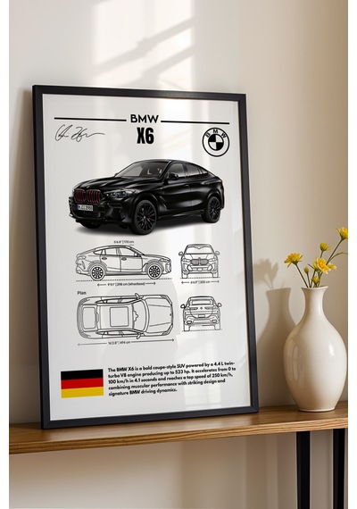 Bmw X6 Tablo - Teknik Özellikli Alman Spor Coupe Suv Poster - Çerçeveli Duvar Dekoru - Blueprint Siyah