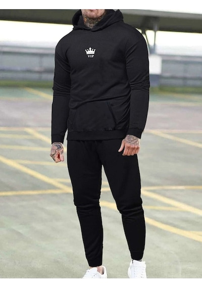 Vip Eşofman Takımı Sweatshirt Jogger - Siyah Baskılı Oversize Şardonlu Kapüşonlu Siyah