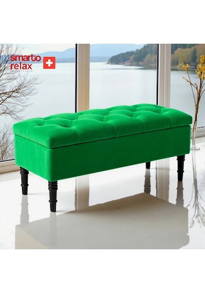Smarto Relax Puf Saanen Sandıklı Ayaklı Kapitoneli Dekoratif 110x40x45 Cm Yeşil Yeşil