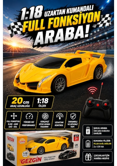 1:18 Şarjlı Uzaktan Kumandalı Spor Araba - Full Fonksiyon Usb Kablolu Oyuncak Araba 20 Cm Sarı
