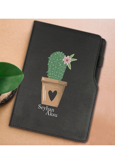 Bk Gift Kişiye Özel Kaktüs Tasarımlı Siyah Termo Deri Not Defteri 15x21cm-6