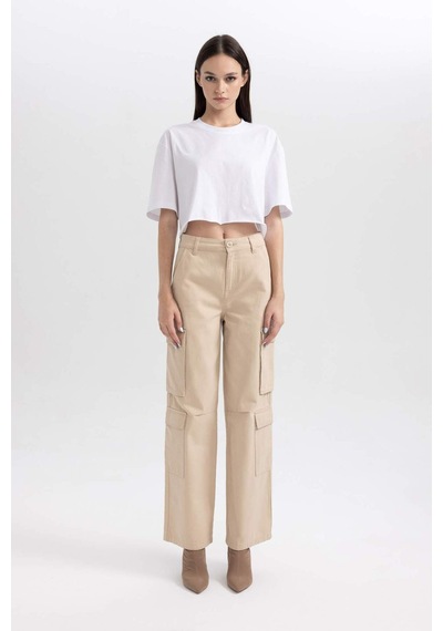 Defacto Coool Straight Fit Geniş Paça Yüksel Bel Kargo Cepli Gabardin Pantolon B1450ax23aubg159 Bej