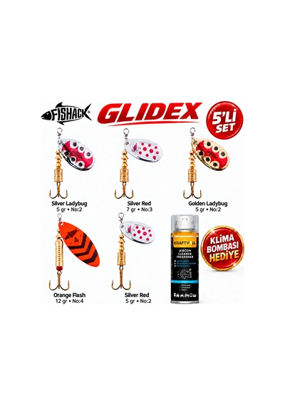 Fishack Glidex 5'li Döner Kaşık Seti + Klima Bombası - Silver Ladybug 5 Gr No:2 + Golden Ladybug 5 Gr No:2 + Orange Flash 12 Gr No:4 + Silver Red 5 Gr No:2 + Silver Red 7 Gr